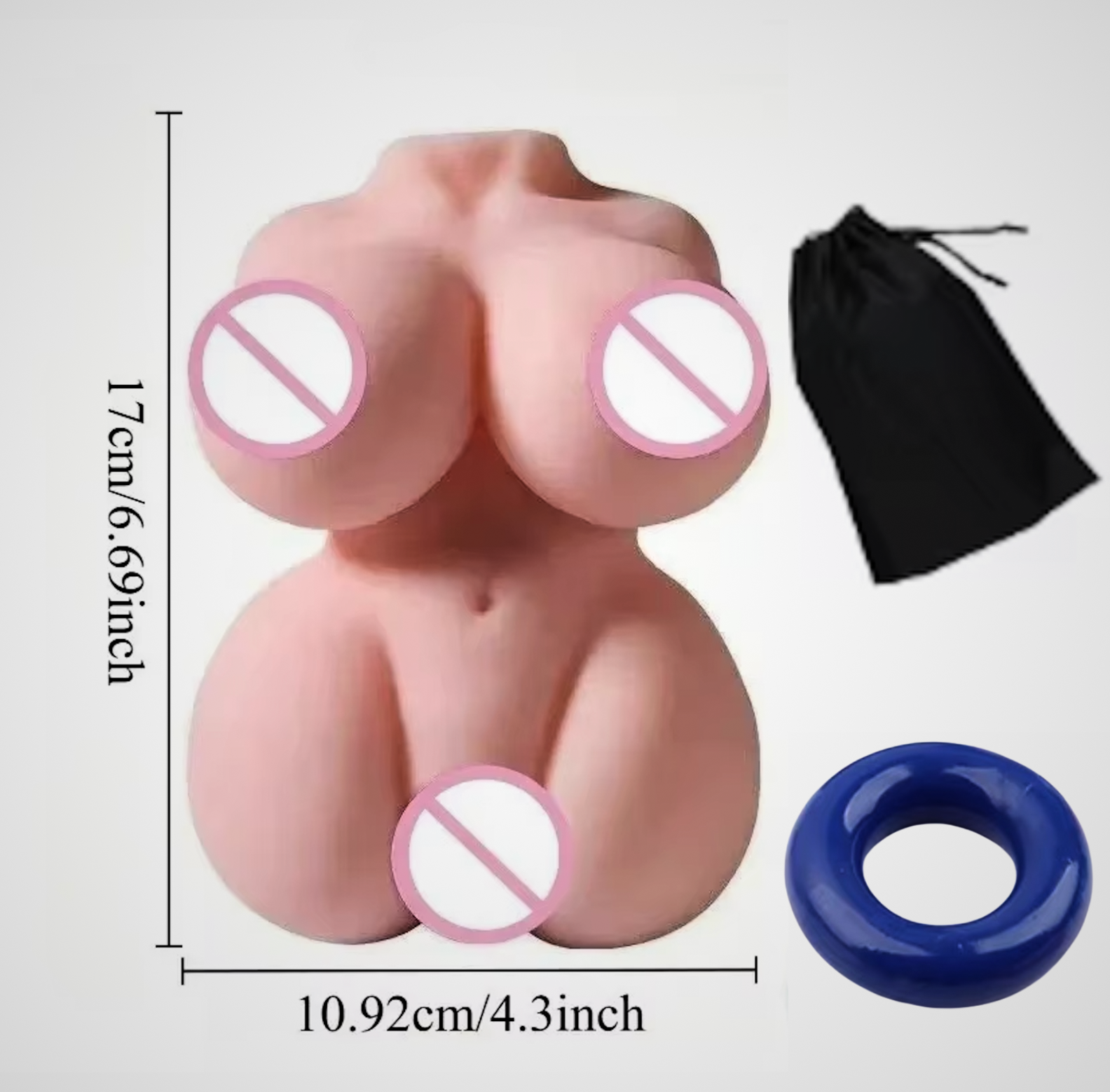 HU: Double Trouble Torso Szett realisztikus torzó maszturbátor péniszgyűrűvel és fekete tárolótasakkal, 17 cm magas és 10,92 cm széles méretjelöléssel EN: Double Trouble Torso Set realistic torso masturbator with penis ring and black storage bag, shown with 17 cm height and 10.92 cm width measurements
