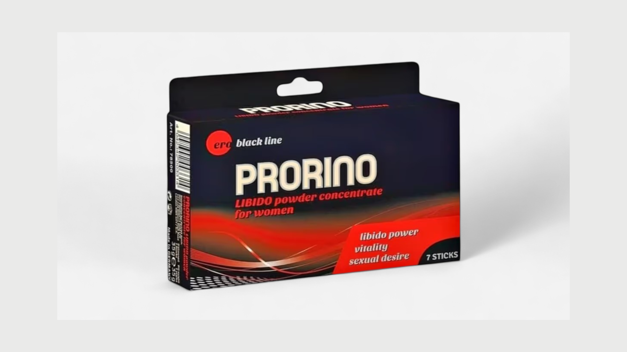 HU: Prorino Pink Spark nĆi libidĂłpor 7 tasakos doboza, fekete-piros csomagolĂĄsban, szexshop belvĂĄros intim wellness kĂnĂĄlatĂĄhoz EN: Prorino Pink Spark libido powder for women in a 7-stick black and red box, for the intimate wellness range at szexshop belvaros