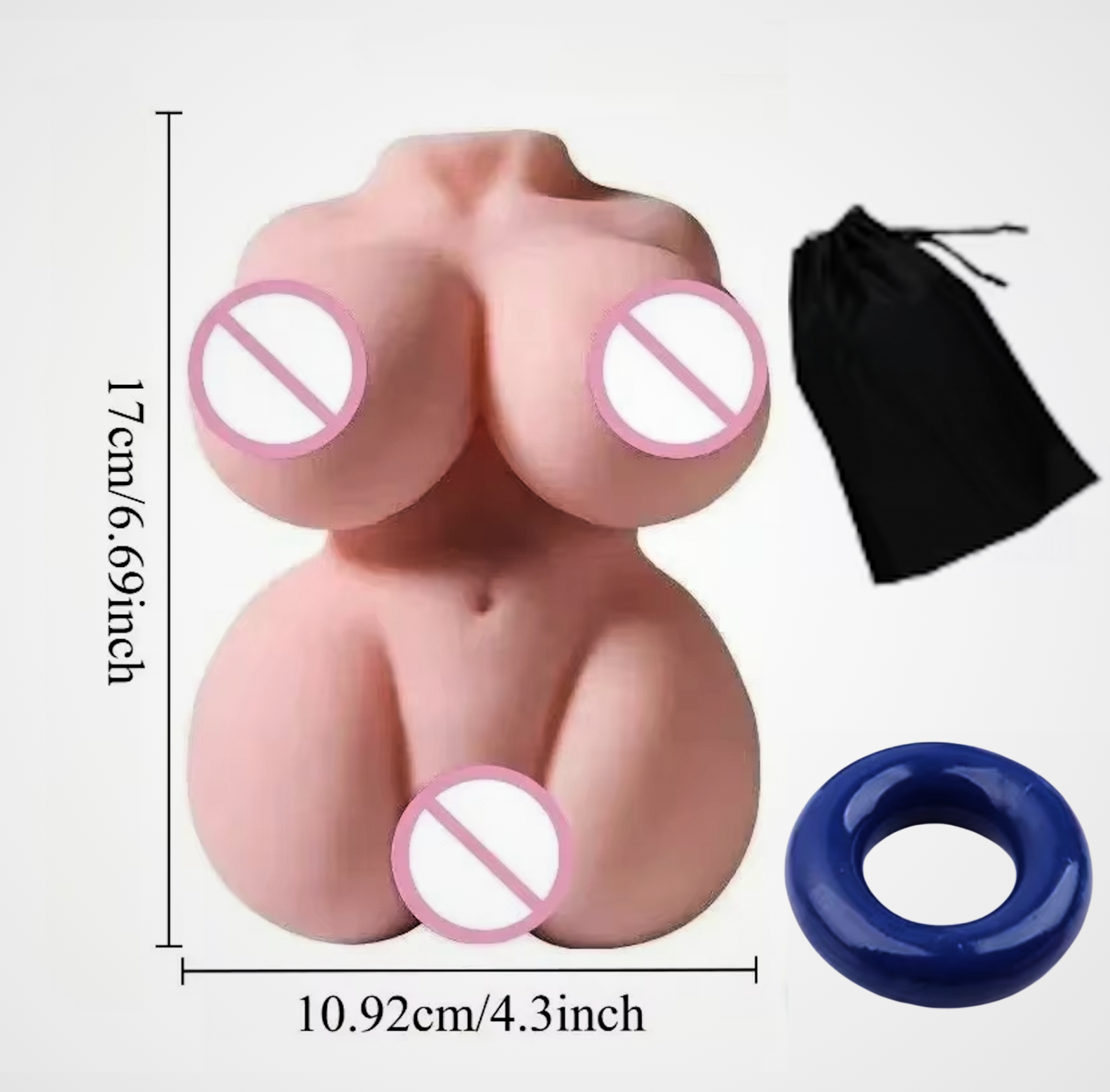 HU: Double Trouble Torso Szett realisztikus torzó maszturbátor péniszgyűrűvel és fekete tárolótasakkal, 17 cm magas és 10,92 cm széles méretjelöléssel EN: Double Trouble Torso Set realistic torso masturbator with penis ring and black storage bag, shown with 17 cm height and 10.92 cm width measurements