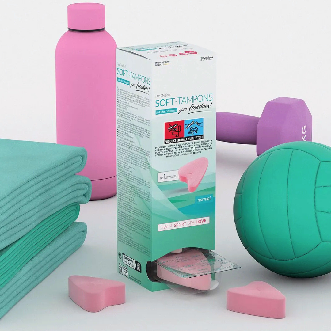 Joydivision Soft Tampon 10 db doboz sportos kiegészítőkkel, rózsaszín zsinór nélküli menstruációs szivacsokkal Joydivision Soft Tampon 10 pack box with sporty accessories and pink stringless menstrual sponges