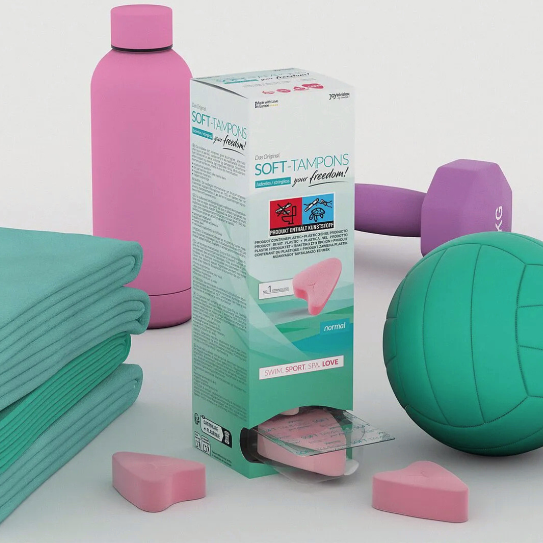 Joydivision Soft Tampon 10 db doboz sportos kiegészítőkkel, rózsaszín zsinór nélküli menstruációs szivacsokkal Joydivision Soft Tampon 10 pack box with sporty accessories and pink stringless menstrual sponges