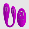 HU: Pretty Love Algernon lila pároknak szánt távirányítós párvibrátor és hozzá tartozó lila távirányító világosszürke háttéren. EN: Pretty Love Algernon purple remote-controlled couples vibrator with matching purple remote on a light grey background.