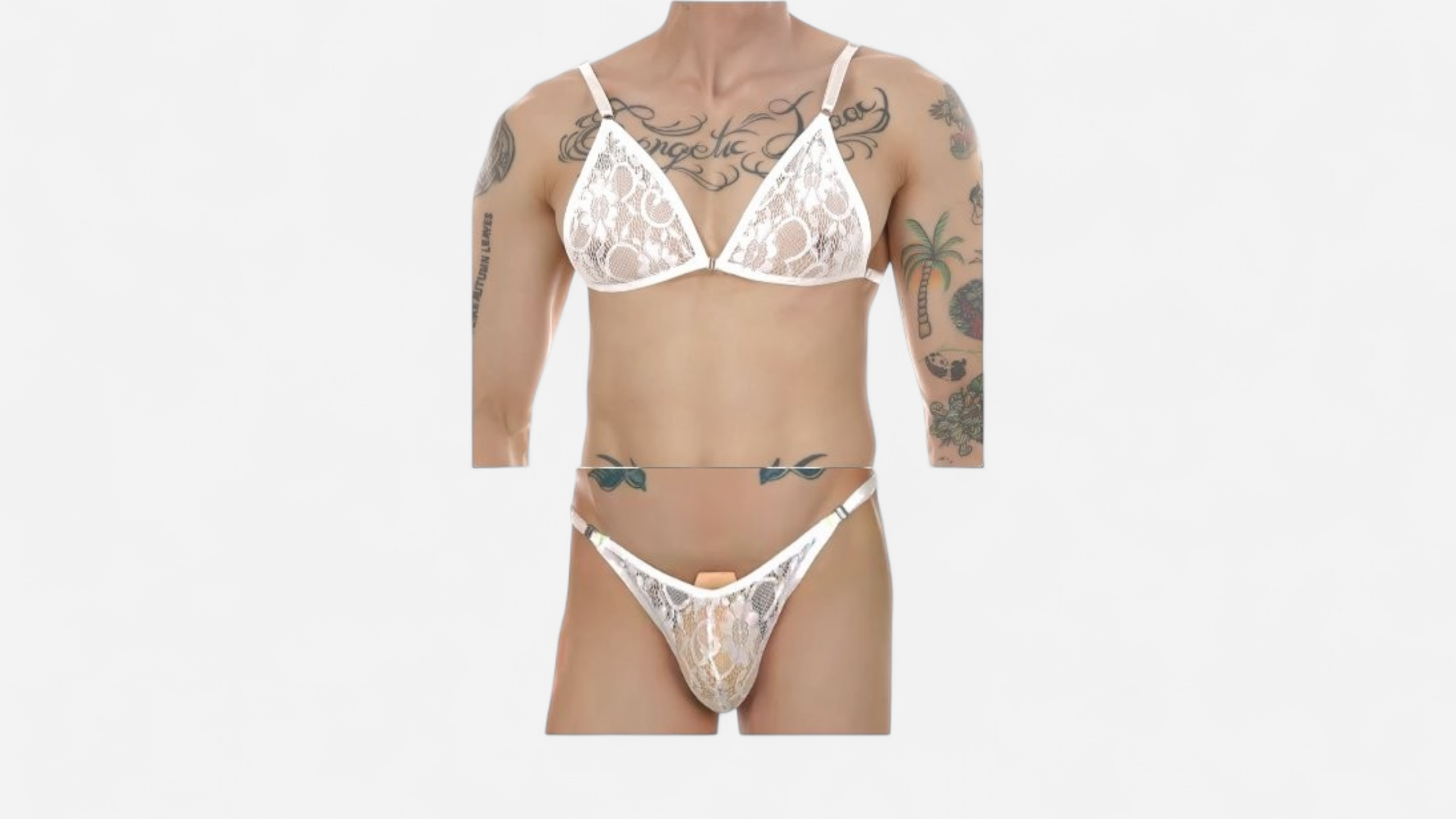 HU: Halo Trap Set L fehĂ©r csipkĂ©s fĂ©rfi fehĂ©rnemƱ szett felsĆvel Ă©s tangĂĄval, elölrĆl fotĂłzva. EN: Halo Trap Set L white lace menâs lingerie set with top and thong, shown from the front.