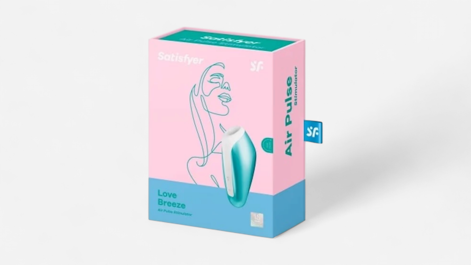 HU: Satisfyer Love Breeze Ice Blue léghullámos csiklóizgató doboza és jegeskék készüléke fekete háttéren. EN: Satisfyer Love Breeze Ice Blue air-pulse clitoral stimulator packaging and ice-blue device on a black background.