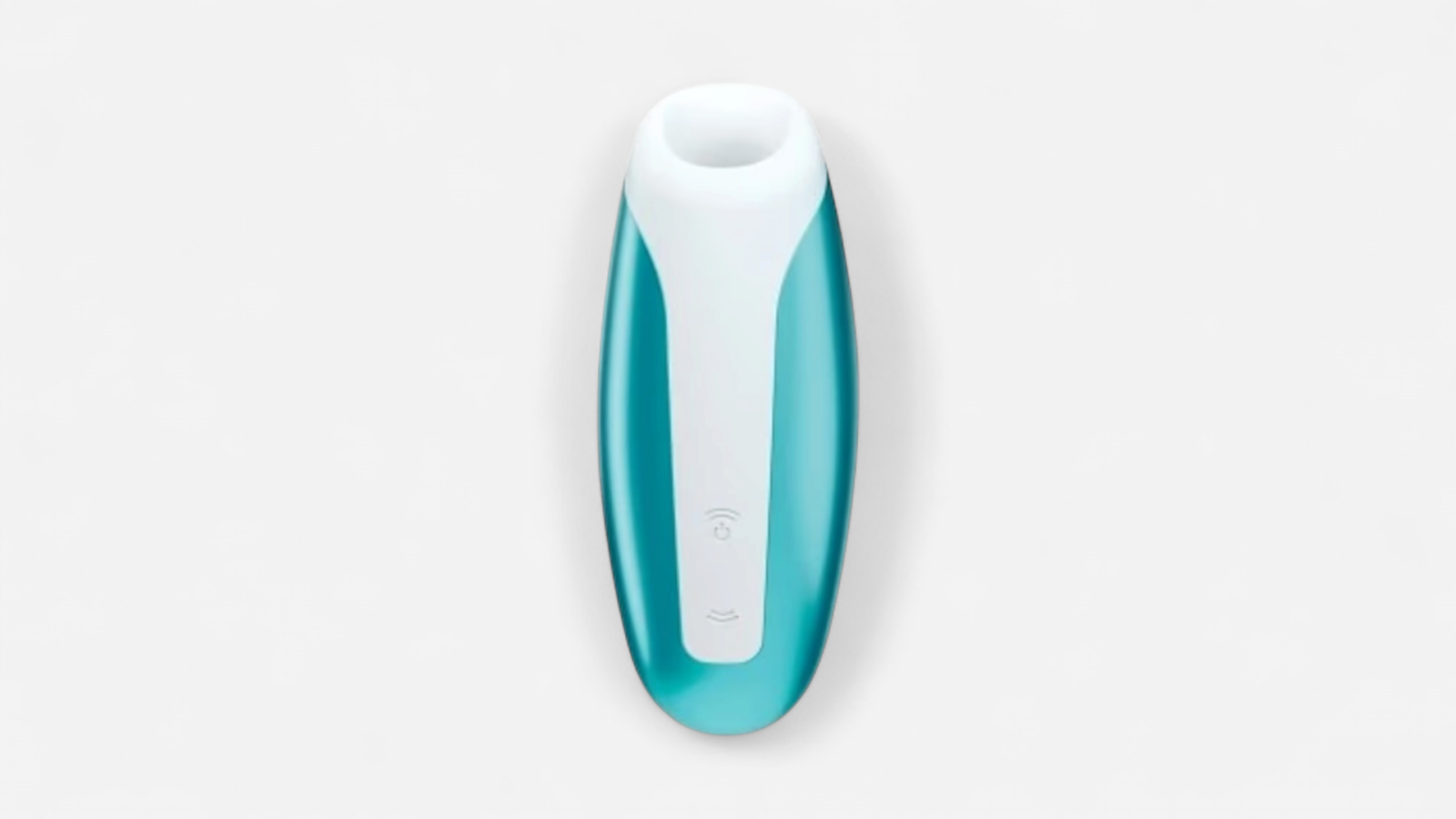 HU: Satisfyer Love Breeze Ice Blue léghullámos csiklóizgató elölnézetből, fehér háttéren. EN: Satisfyer Love Breeze Ice Blue air-pulse clitoral stimulator shown from the front on a white background.