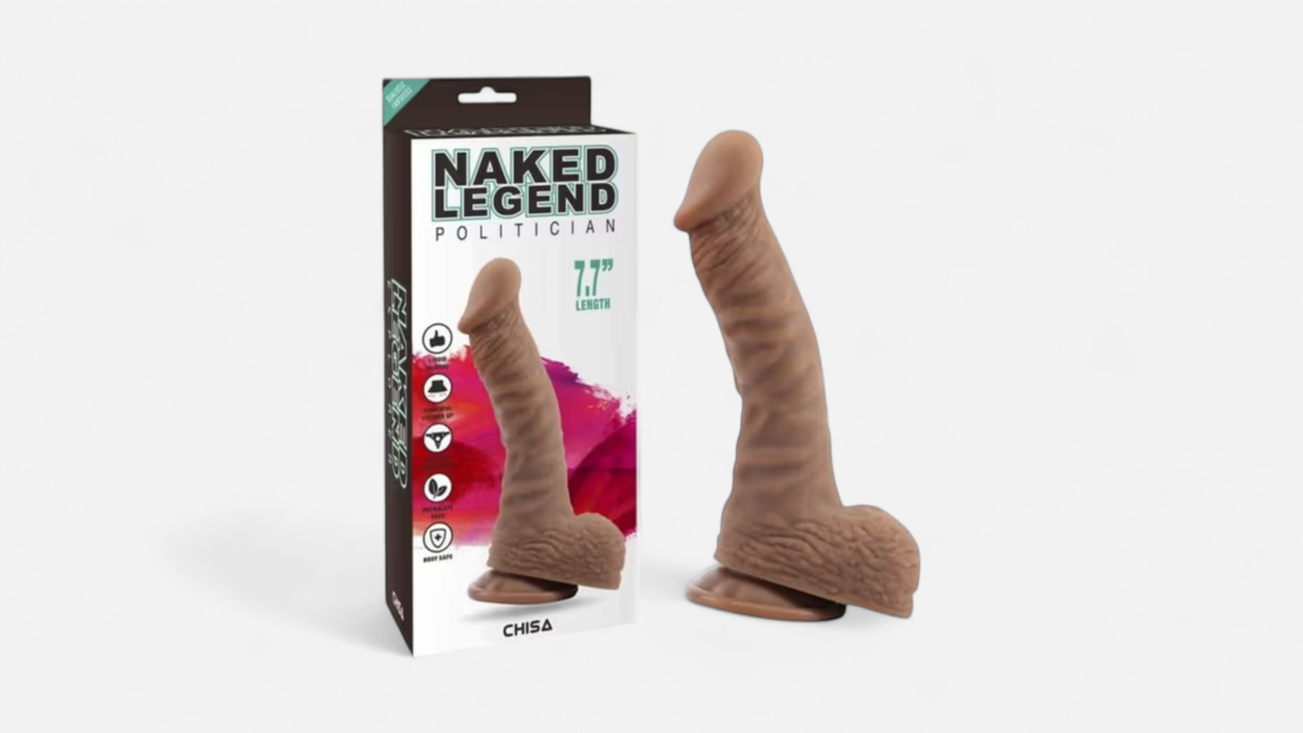 HU: The Crocked Politician realisztikus barna tapadĂłkorongos dildo eredeti Naked Legend Politician dobozzal, erezett felĂŒlettel Ă©s herĂ©kkel. EN: The Crocked Politician realistic brown suction cup dildo with original Naked Legend Politician packaging, veined texture, and balls.