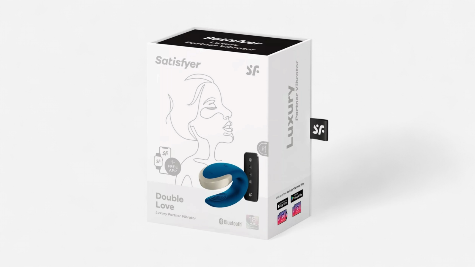 HU: Satisfyer Double Love kék appvezérelt párvibrátor doboza, távirányítós és Bluetooth-kapcsolatos páros vibrátor csomagolásban. EN: Satisfyer Double Love blue app-controlled couples vibrator packaging with remote control and Bluetooth connection.