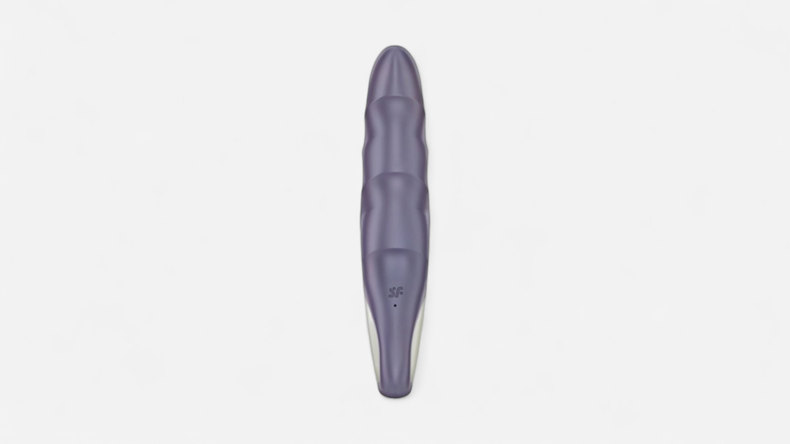 HU: Pump ‘N’ Thump pumpálható G-pont vibrátor hátoldali nézetben, lila szilikon felülettel és Satisfyer logóval. EN: Pump ‘N’ Thump pumpable G-spot vibrator shown from the back, with purple silicone surface and Satisfyer logo.