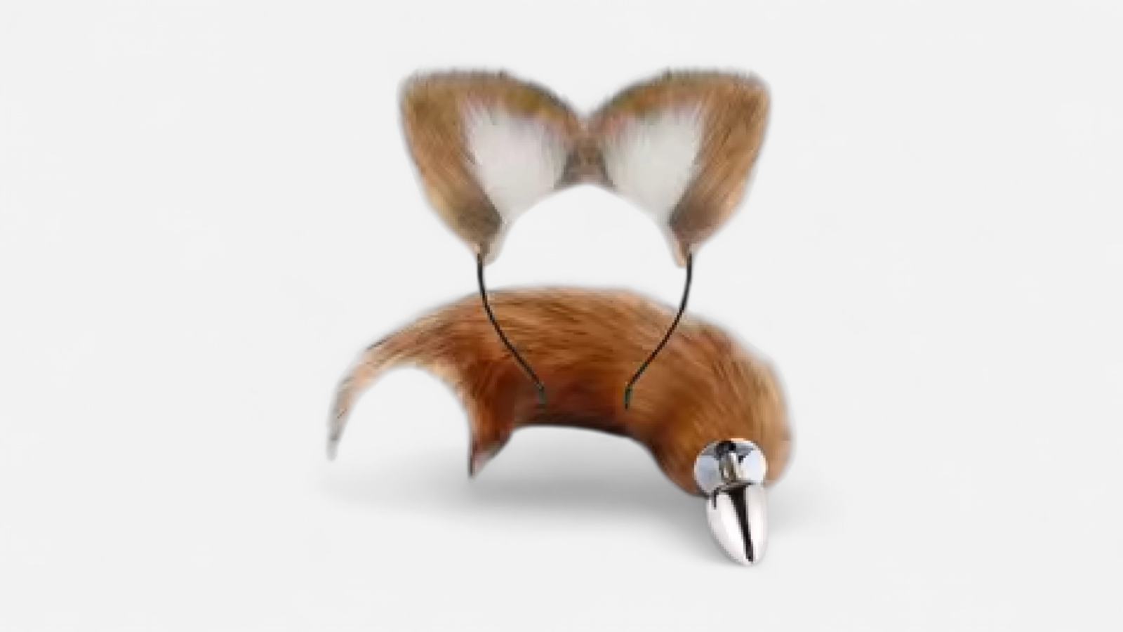 HU: Browntail Babe barna/fehér műszőrme rókafarok anál dugó krómozott fém pluggal és puha barna/fehér cica-/rókafül fejpánttal. EN: Browntail Babe brown/white faux fur fox tail anal plug with a chrome metal plug and soft brown/white cat/fox ear headband.