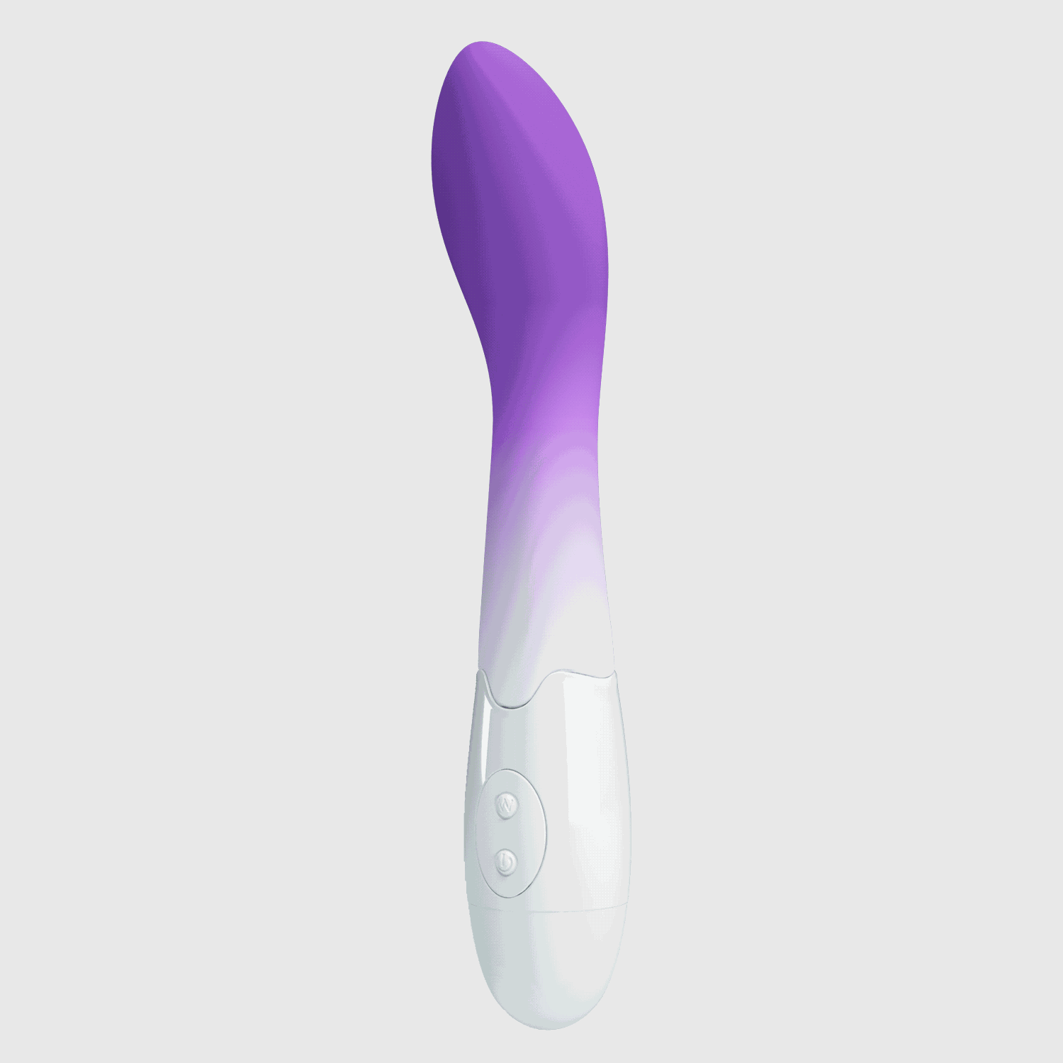 HU: Pretty Love Bishop lila-fehér vibrátor világosszürke háttéren, animált termékfotóhoz készült letisztult webes megjelenéssel. EN: Pretty Love Bishop purple and white vibrator on a light grey background, prepared as a clean animated product image for the website.