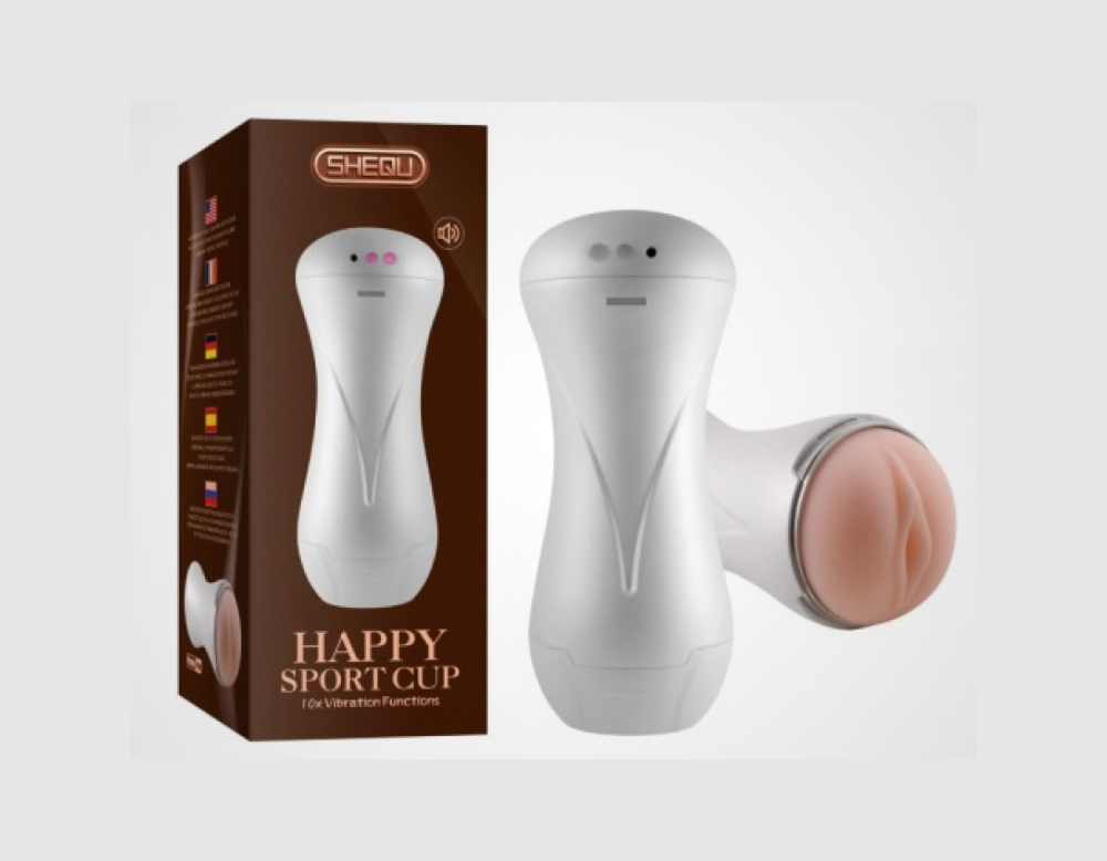 HU: Gólvonal Gizi fehér vibrátoros maszturbátor testszínű nyílással és Happy Sport Cup dobozzal. EN: Gólvonal Gizi white vibrating masturbator with flesh-toned opening and Happy Sport Cup box.