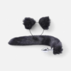 HU: Blacktail Babe fekete műszőrme farkasfarok anál dugó krómozott fém pluggal és puha fekete cica-/farkasfül fejpánttal. EN: Blacktail Babe black faux fur wolf tail anal plug with a chrome metal plug and soft black cat/wolf ear headband.