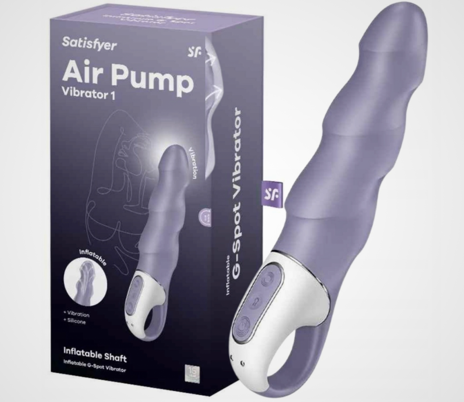 HU: Pump ‘N’ Thump – Satisfyer Air Pump Vibrator 1 lila pumpálható G-pont vibrátor dobozzal, USB-töltéssel és kézre álló fogantyúval. EN: Pump ‘N’ Thump – Satisfyer Air Pump Vibrator 1 purple pumpable G-spot vibrator with box, USB charging and easy-grip handle.