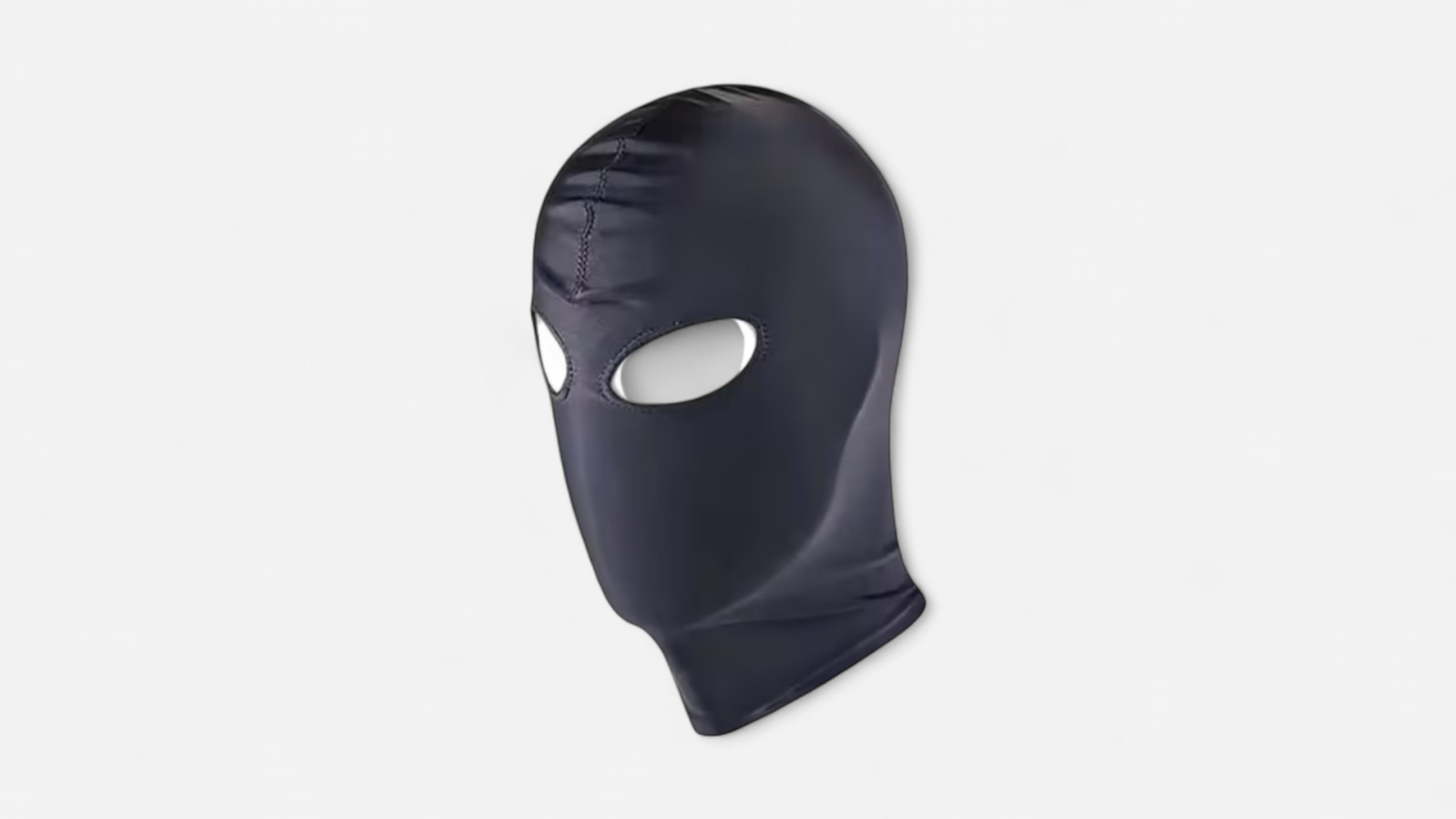 HU: Fekete nyitott szemű BDSM-fejmaszk elölnézetben, légáteresztő és rugalmas anyagból EN: Black open-eye BDSM hood shown from the front, made from breathable elastic material