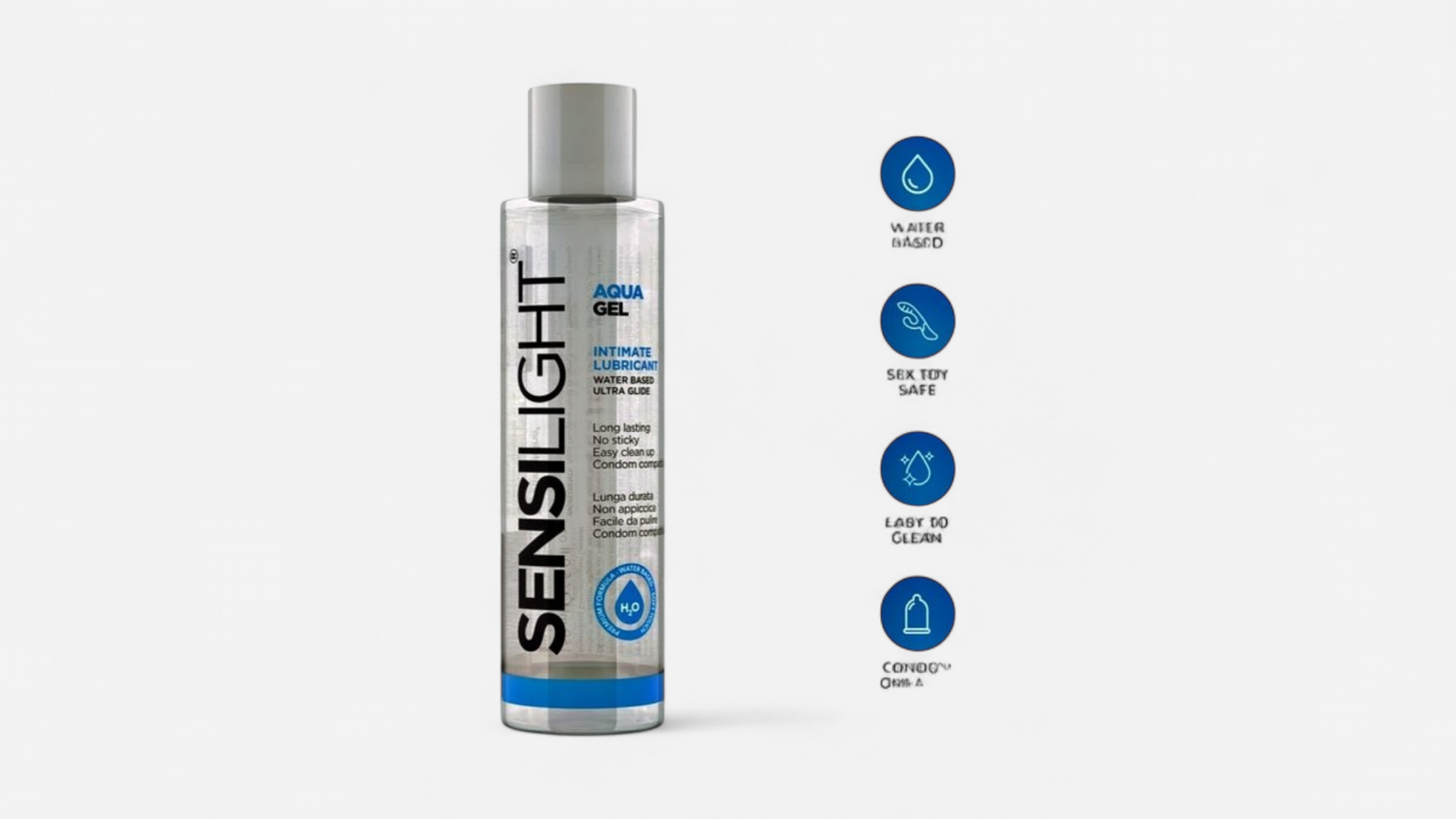 HU: Sensilight Aquagel 150 ml intim sĂkosĂtĂł termĂ©kelĆnyökkel, vĂzbĂĄzisĂș, segĂ©deszközbarĂĄt, könnyen tisztĂthatĂł Ă©s Ăłvszerrel kompatibilis jelölĂ©sekkel. EN: Sensilight Aquagel 150 ml intimate lubricant with product benefit icons showing water-based formula, sex toy safe use, easy cleaning and condom compatibility.