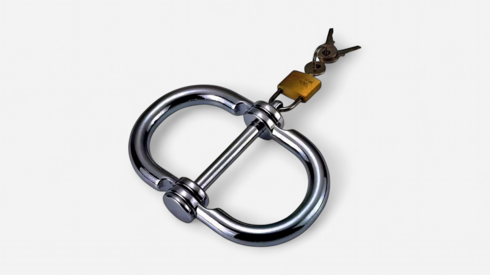 HU: PowerLock fém bilincs nyitott ållapotban, sårga lakattal és két kulccsal EN: PowerLock metal cuff shown open with yellow padlock and two keys