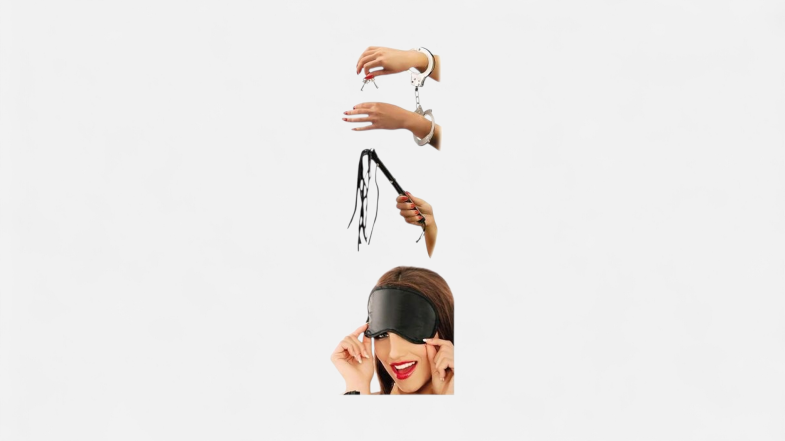 HU: Command & Obey BDSM szett bilincse, fekete korbácsa és szemmaszkja használat közben bemutatva EN: Command & Obey BDSM set showing the handcuffs, black flogger and blindfold in use
