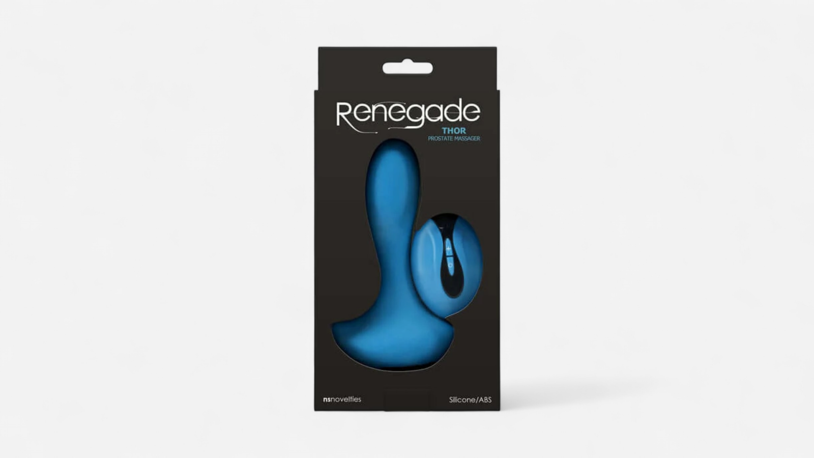HU: Thor pávakék prosztatamasszírozó és vezeték nélküli távirányító a nyitott Renegade csomagolásban EN: Thor teal prostate massager and wireless remote displayed in open Renegade packaging