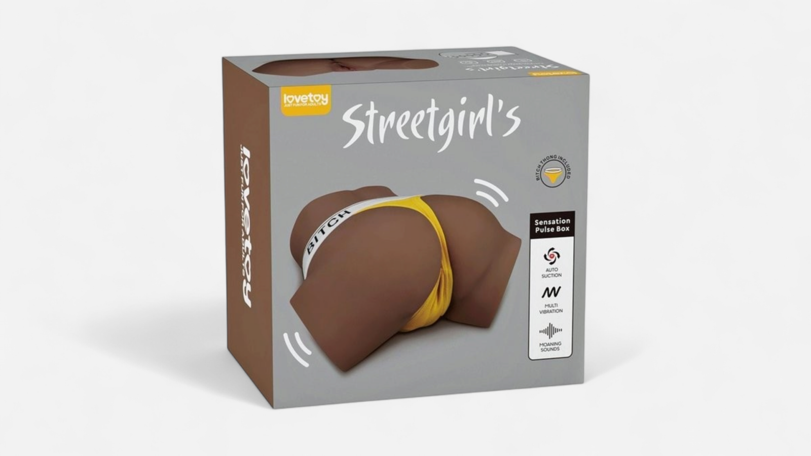 HU: Streetgirl's Sensation barna, újratölthető, rezgő és szívó funkciós maszturbátor eredeti termékdobozban. EN: Streetgirl's Sensation brown rechargeable masturbator with vibration and suction functions in the original retail box.