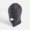 HU: Nyitott szĂĄjĂș fekete spandex fejmaszk oldalnĂ©zetbĆl, rugalmas Ă©s könnyƱ kialakĂtĂĄssal. EN: Black open-mouth spandex hood shown from the side, with a lightweight and flexible design.