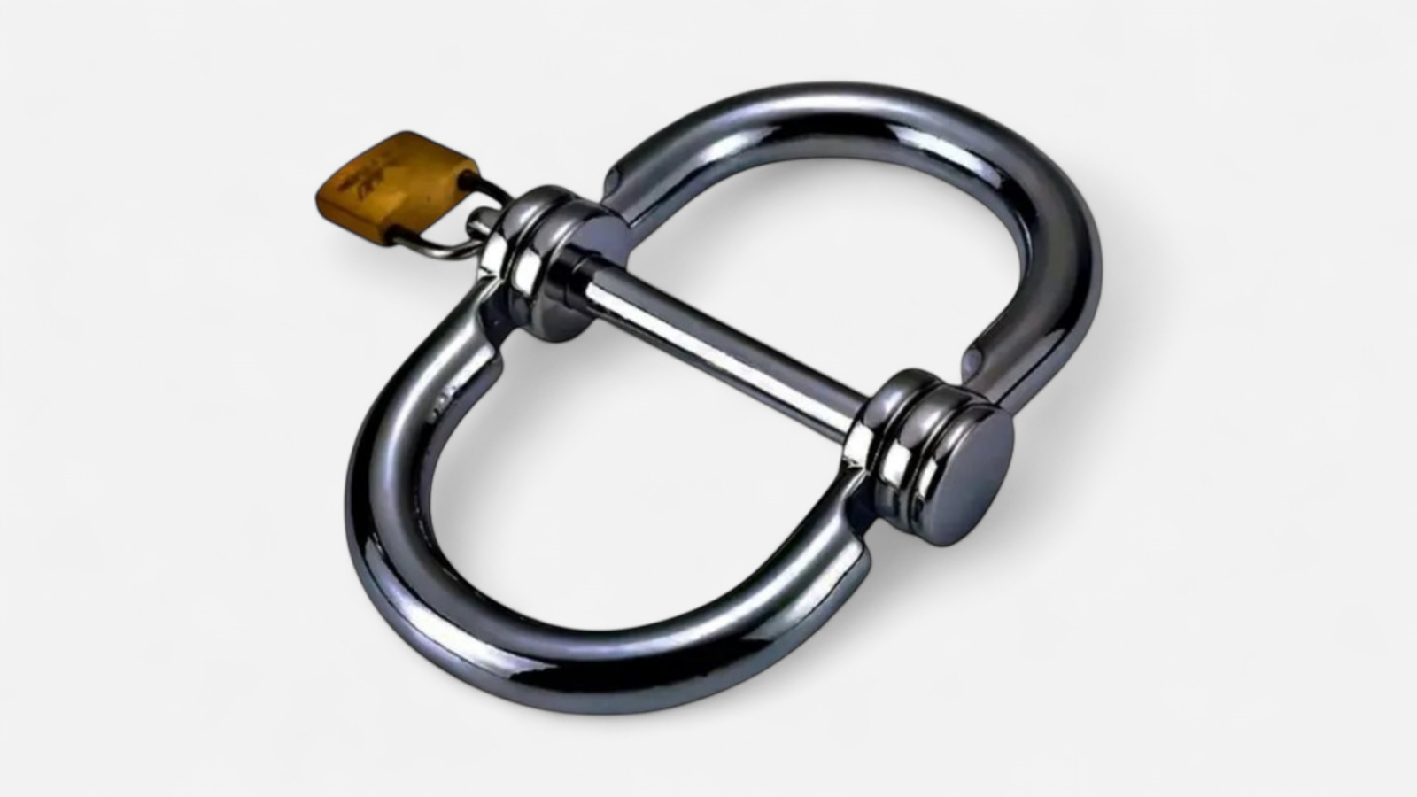 HU: PowerLock fém bilincs ezüstszínű dupla hengeres kialakítással és sárga lakattal EN: PowerLock metal cuff with silver double-cylinder design and yellow padlock