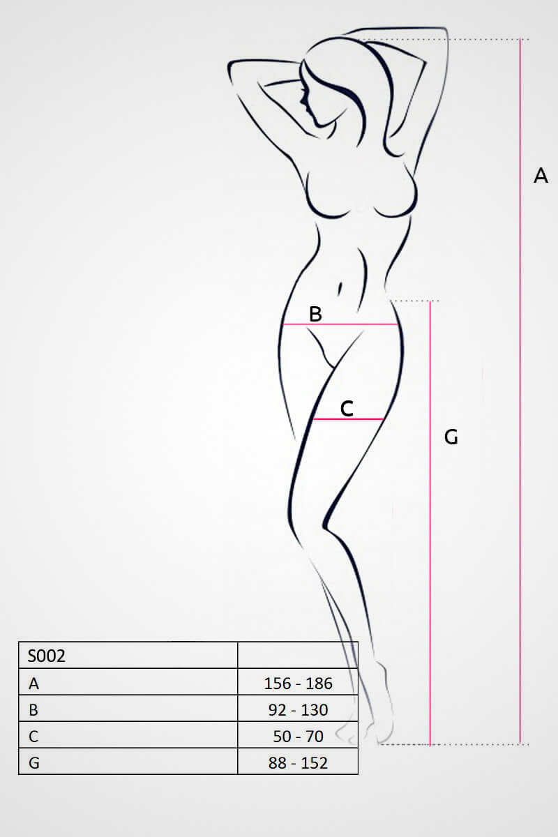 HU: Passion S002 piros harisnya mérettáblázata, univerzális méretre vonatkozó testmagasság-, csípő-, comb- és lábhossz adatokkal. EN: Passion S002 red tights size chart showing height, hip, thigh and leg length measurements for the universal size.