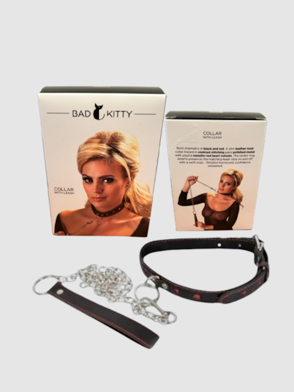 HU: Bad Kitty Szíven Fogva nyakörv és láncos póráz a gyári csomagolással, fekete-fehér kivitelben EN: Bad Kitty Szíven Fogva collar and chain leash with original packaging in black and white
