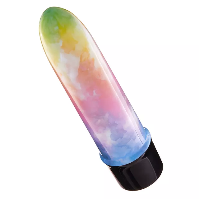 HU: Mini Máz – Színorgia minivibrátor ferde nézetből, színes vízfesték hatású mintával és fekete aljjal. EN: Mini Máz – Color Explosion mini vibrator shown at an angle with a colorful watercolor-effect design and black base.