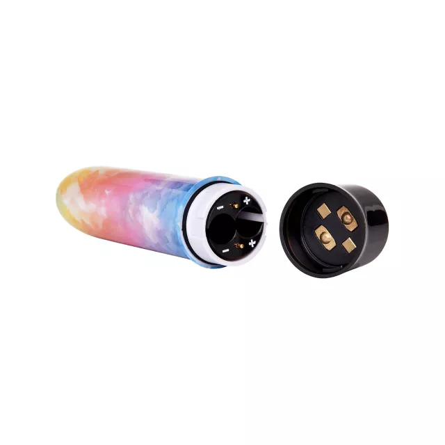 HU: Mini Máz – Színorgia minivibrátor nyitott elemtartóval, levehető fekete kupakkal és a 2 db AAA elem helyével. EN: Mini Máz – Color Explosion mini vibrator with open battery compartment, removable black cap and space for 2 AAA batteries.
