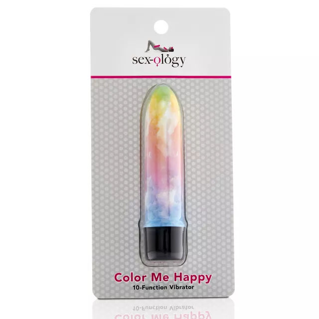 HU: Mini Máz – Színorgia minivibrátor színes, vízfesték hatású dizájnnal, eredeti Sexology Color Me Happy csomagolásban. EN: Mini Máz – Color Explosion mini vibrator with colorful watercolor-effect design in original Sexology Color Me Happy packaging.