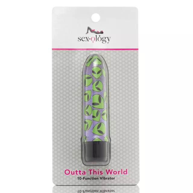 HU: Mini Máz – Idegen Behatoló minivibrátor zöld űrlényes mintával, eredeti Sexology Outta This World csomagolásban. EN: Mini Máz – Alien Intruder mini vibrator with green alien design in original Sexology Outta This World packaging.