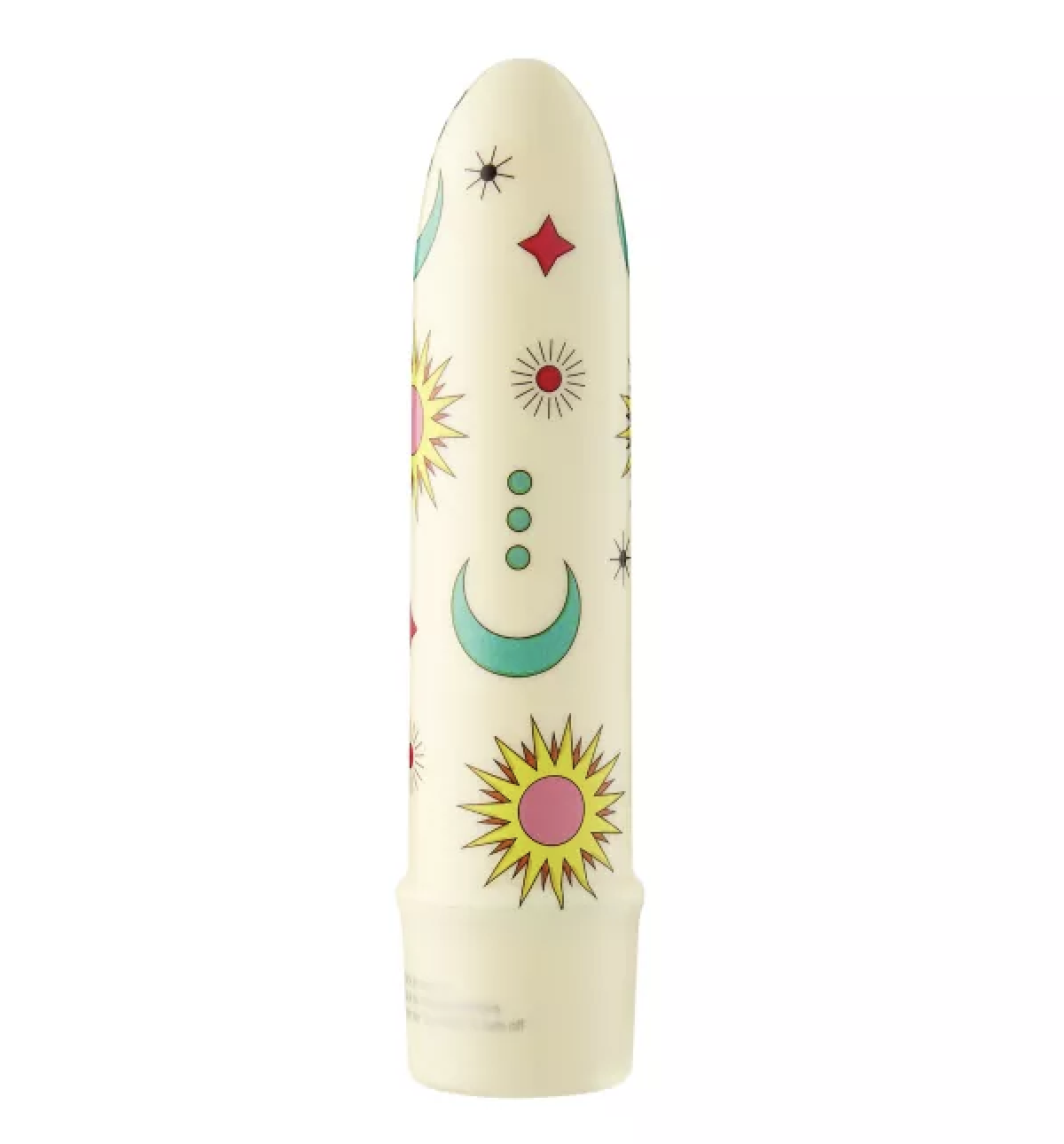 HU: Mini Máz – Égi Csábító minivibrátor hátoldali nézetből, krémszínű alapon nap-, hold-, csillag- és égi motívumokkal. EN: Mini Máz – Celestial Seducer mini vibrator shown from the back with a cream-colored sun, moon, star and celestial design.