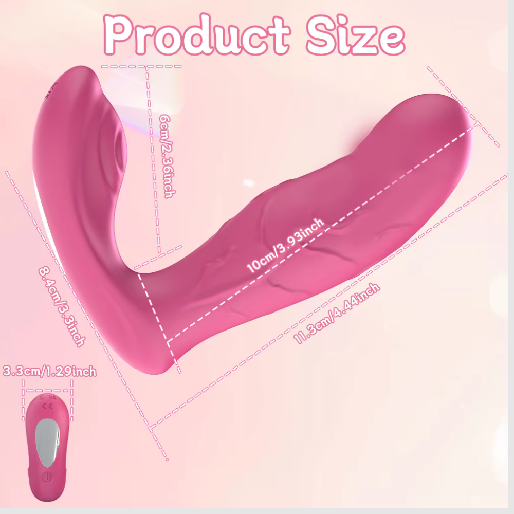 HU: VibeVice 2 vibrátor méretei és V alakú kialakítása EN: VibeVice 2 vibrator dimensions and V-shaped design