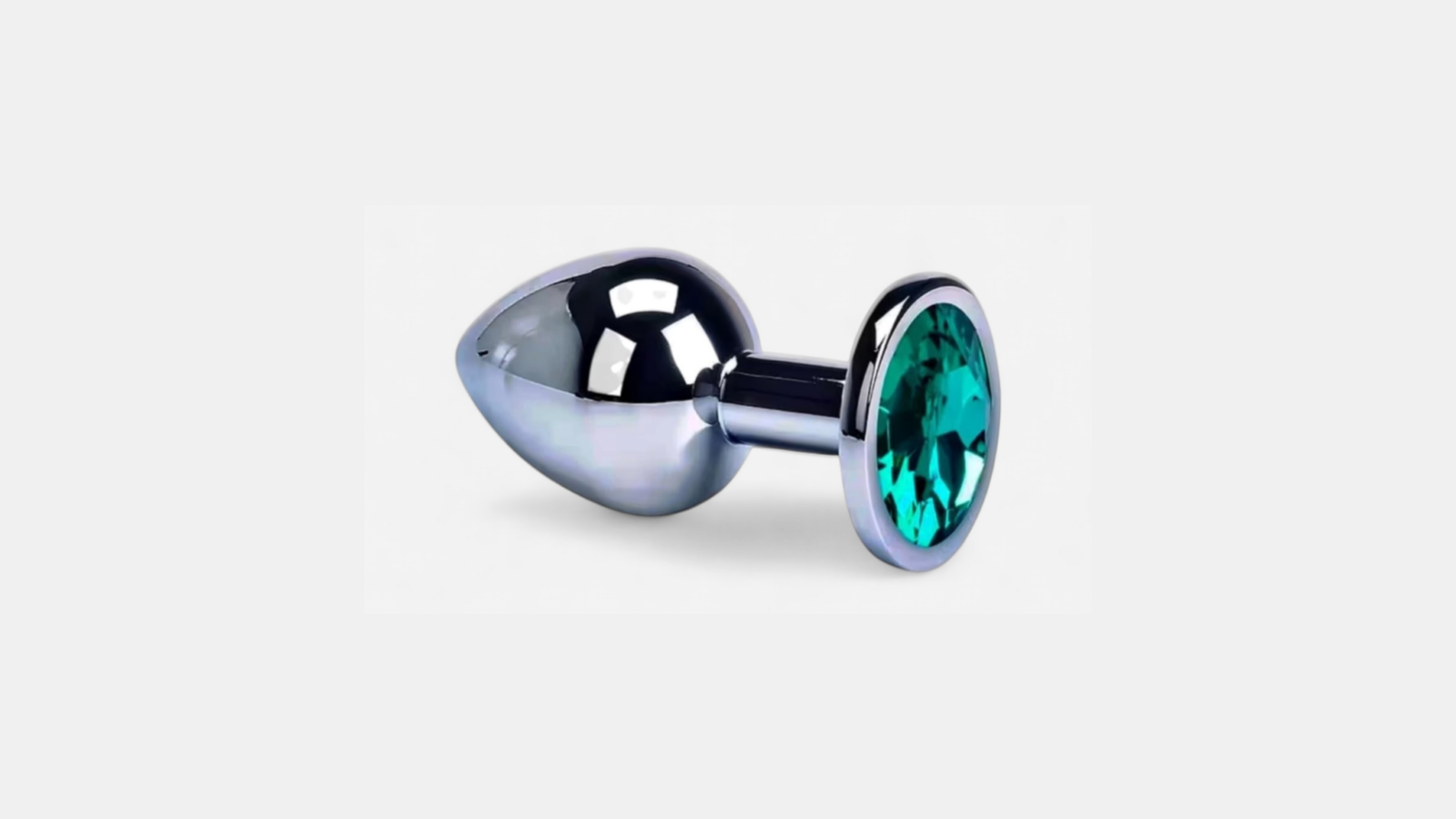 HU: Aqua Jewel rozsdamentes acél anál dugó türkiz kristályos talppal, oldalnézet EN: Aqua Jewel stainless steel butt plug with turquoise crystal base, side view