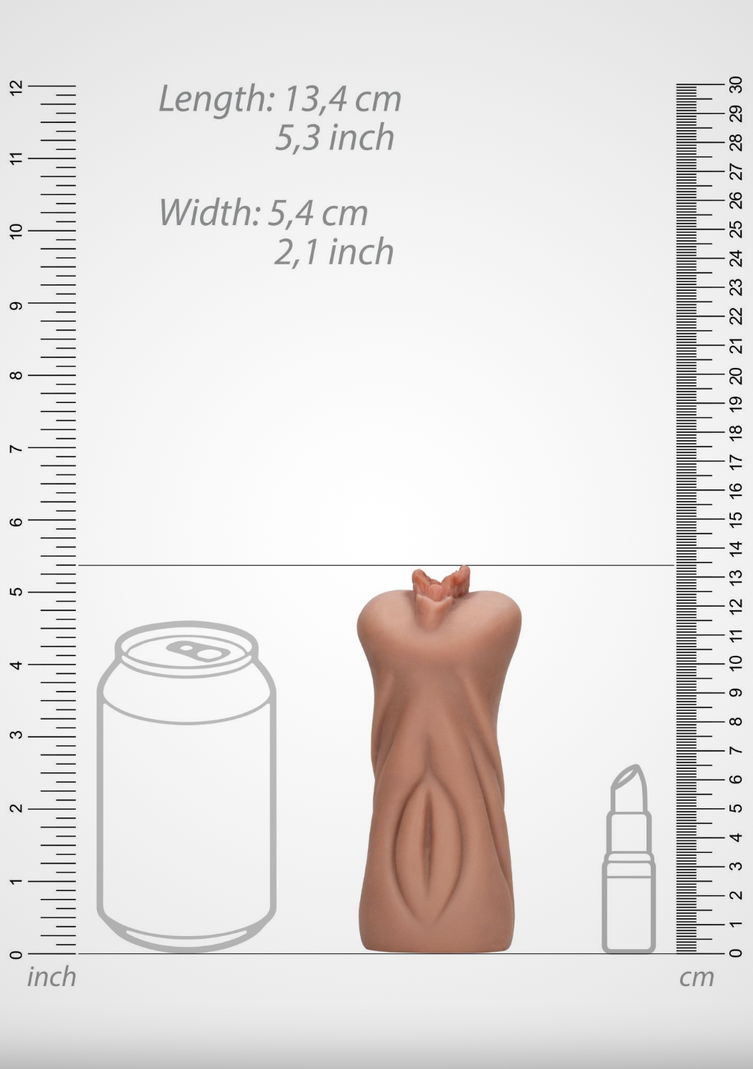 HU: Ăgyeletes Punci maszturbĂĄtor mĂ©retĂĄbrĂĄja, 13,4 cm hosszĂșsĂĄggal Ă©s 5,4 cm szĂ©lessĂ©ggel EN: Pussy masturbator size chart showing 13.4 cm length and 5.4 cm width
