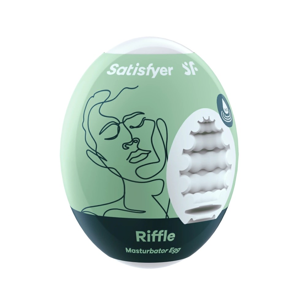HU: Satisfyer Riffle maszturbátor tojás világoszöld külsővel és hullámos bordázott belsővel EN: Satisfyer Riffle masturbator egg with light green exterior and wavy ribbed interior