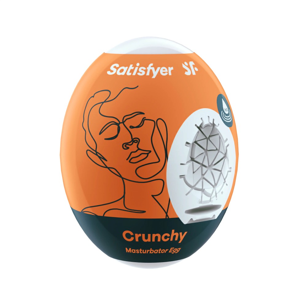 HU: Satisfyer Crunchy maszturbátor tojás narancssárga külsővel és szögletes, hálós belső mintázattal EN: Satisfyer Crunchy masturbator egg with orange exterior and angular web-like internal texture