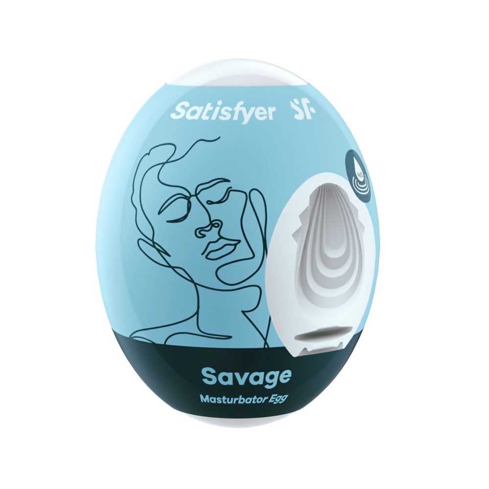 HU: Satisfyer Savage maszturbátor tojás világoskék külsővel és réteges hullámos belső mintázattal EN: Satisfyer Savage masturbator egg with light blue exterior and layered wavy internal texture