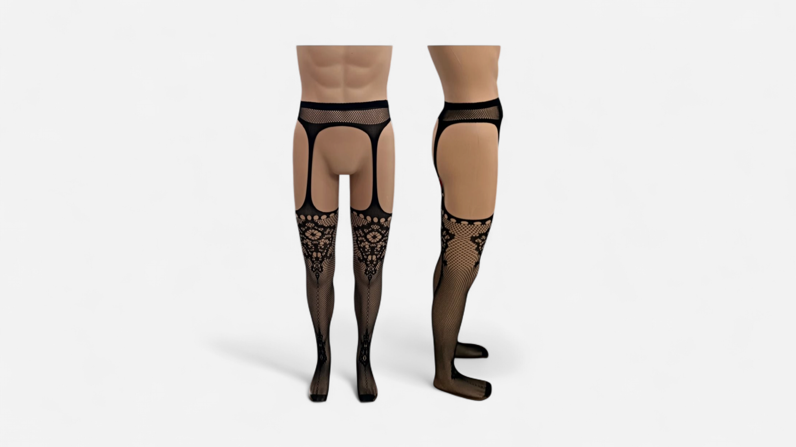 HU: FĂ©rfi nyitott necc harisnya fekete csipkĂ©s mintĂĄval, elöl- Ă©s oldalnĂ©zetben modellen. EN: Menâs black open-crotch fishnet pantyhose with lace pattern, shown from front and side on a model.