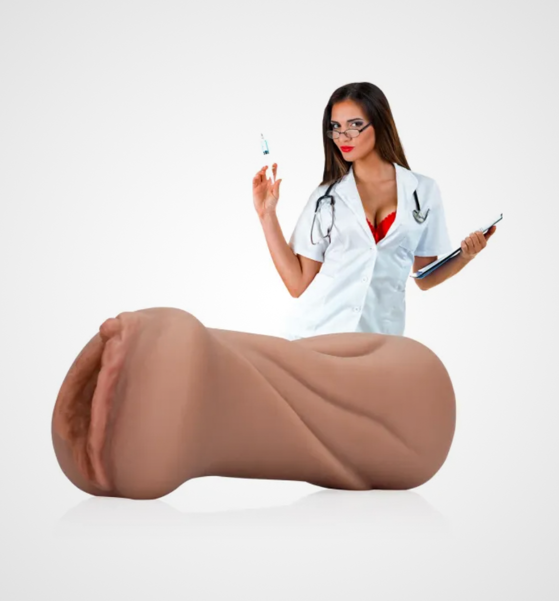 HU: Ăgyeletes Punci realisztikus TPR maszturbĂĄtor fekvĆ helyzetben, nĆvĂ©r ruhĂĄs modell hĂĄttĂ©rrel EN: Realistic TPR pussy masturbator lying horizontally with nurse-costumed model in the background