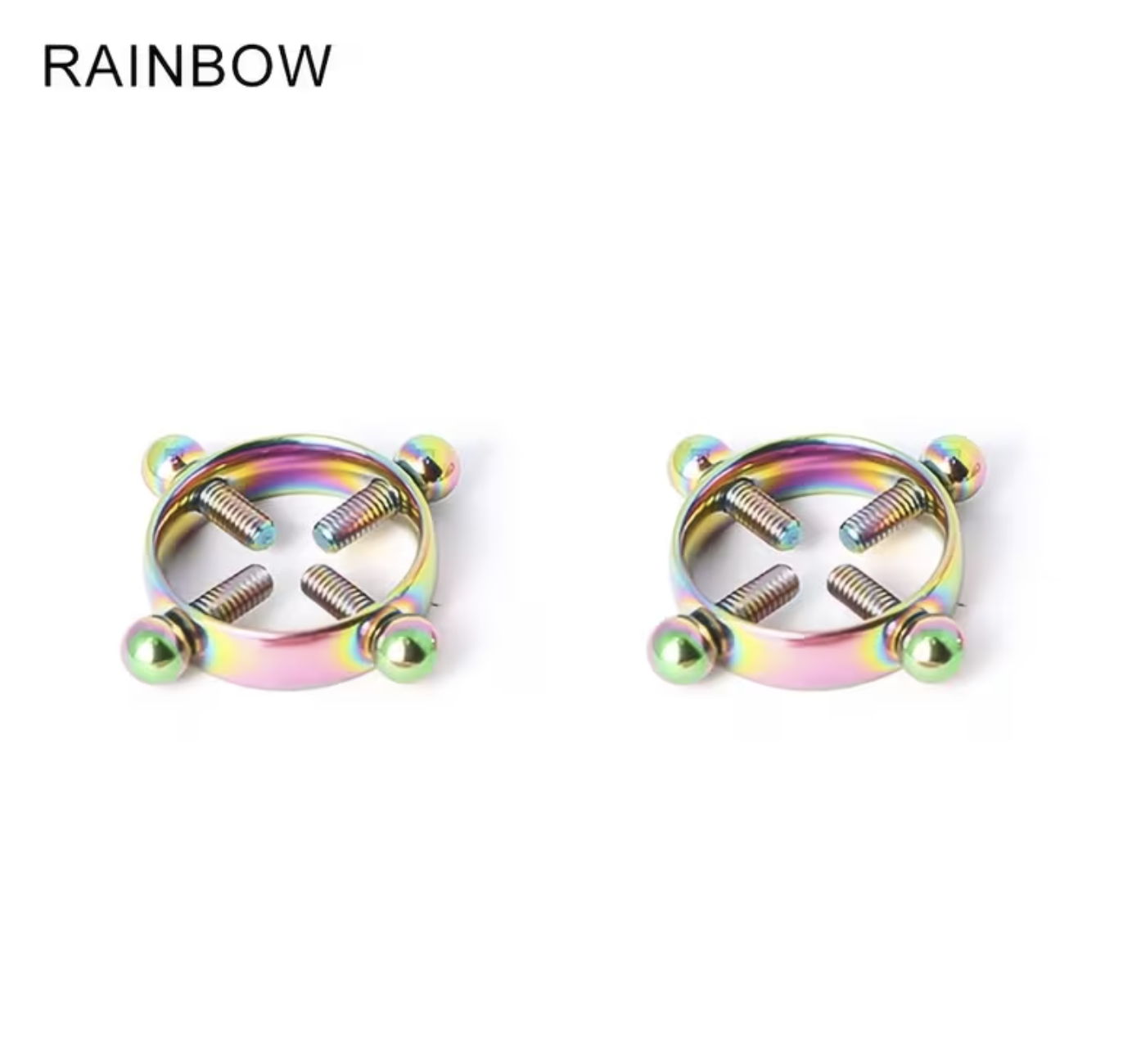 HU: Csöcscsavar 2 darabos szivárványos mellbimbóbilincs készlet, négy csavarral és fényes fémfelülettel. EN: Titty Torque set of two rainbow nipple clamps with four screws and a shiny metal finish.