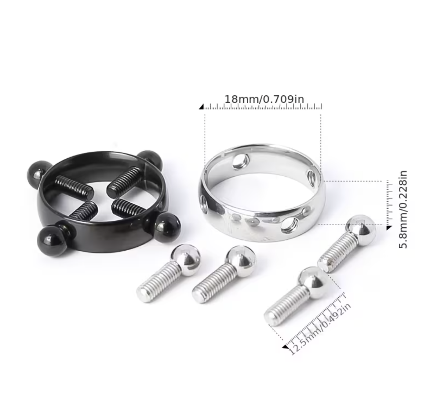 HU: Csöcscsavar mellbimbóbilincs méretábra: kb. 18 mm átmérő, 5,8 mm gyűrűszélesség és 12,5 mm hosszú csavarok. EN: Titty Torque nipple clamp size guide showing approximately 18 mm diameter, 5.8 mm ring width and 12.5 mm screw length.