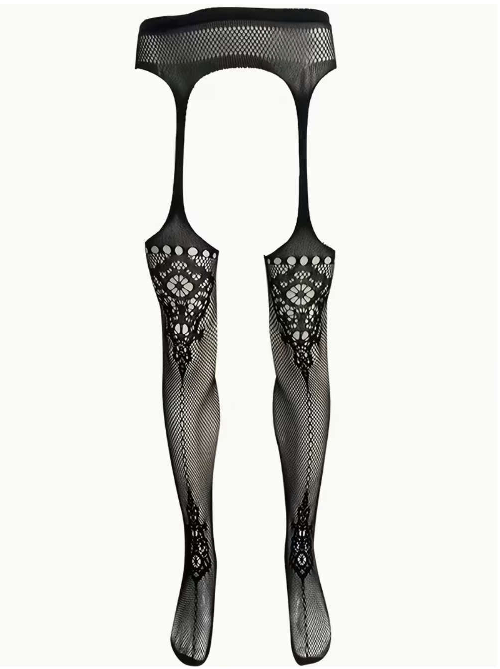 HU: Fekete fĂ©rfi nyitott necc harisnya teljes elölnĂ©zetben, virĂĄgos csipkĂ©s combmintĂĄval. EN: Black menâs open-crotch fishnet pantyhose shown from the front with floral lace thigh pattern.