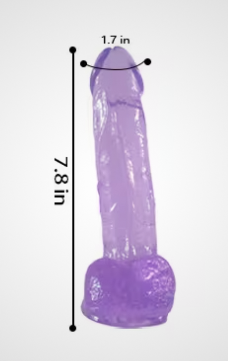 HU: Lila Lajos lila realisztikus dildo mĂ©retekkel, 7,8 hĂŒvelykes hosszĂșsĂĄggal Ă©s 1,7 hĂŒvelykes ĂĄtmĂ©rĆvel. EN: Lila Lajos purple realistic dildo with measurements showing 7.8-inch length and 1.7-inch diameter.