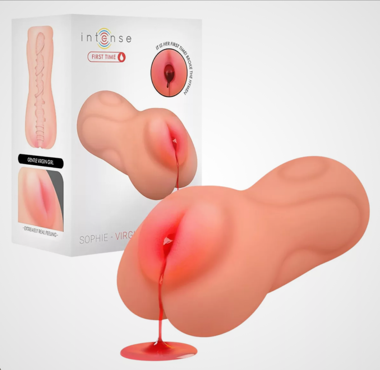 HU: First Time Sophie realisztikus maszturbátor vérzéshatással, eredeti csomagolással a háttérben EN: First Time Sophie realistic masturbator with bleeding effect and original packaging in the background