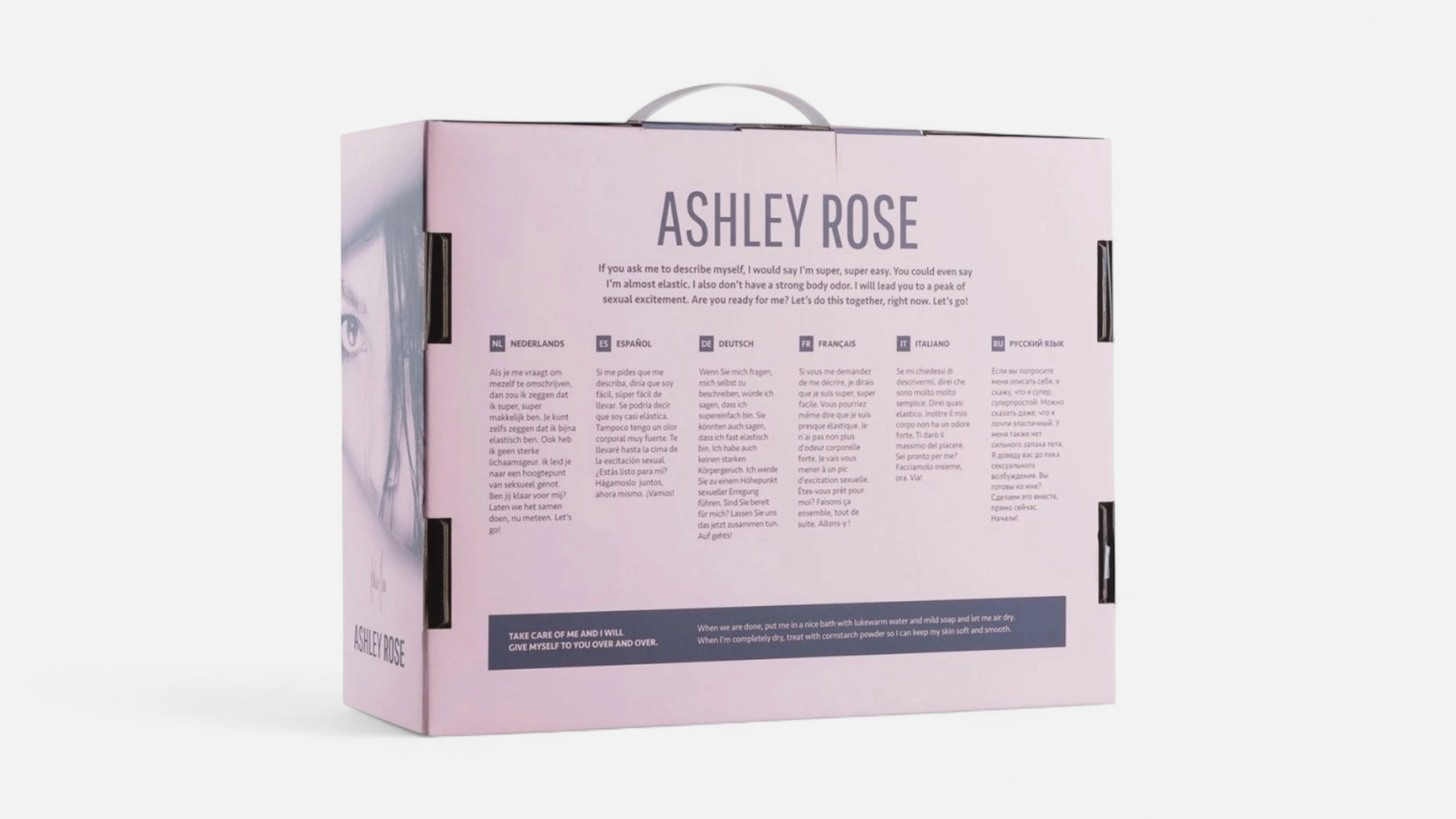HU: Ashley Rose maszturbĂĄtor dobozĂĄnak hĂĄtoldala termĂ©kleĂrĂĄssal Ă©s hasznĂĄlati informĂĄciĂłkkal EN: Back of Ashley Rose masturbator packaging with product and care information