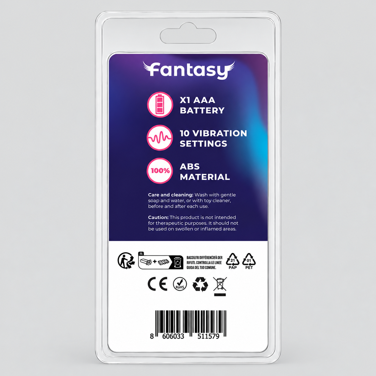 HU: Lila LövedĂ©k mini vibrĂĄtor Fantasy csomagolĂĄsĂĄnak hĂĄtoldala, 1ĂAAA elem, 10 rezgĂ©smĂłd Ă©s ABS anyag jelölĂ©ssel. EN: Back of the Fantasy Purple Bullet mini vibrator packaging showing 1ĂAAA battery, 10 vibration settings and ABS material.