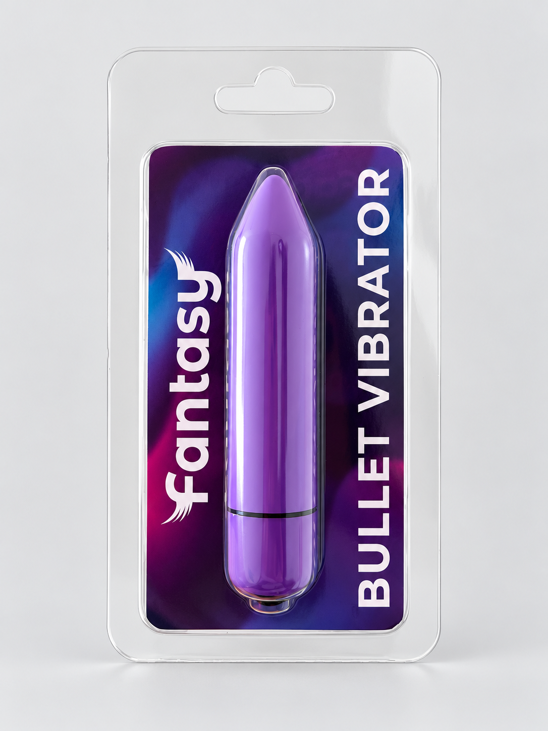 HU: Lila Lövedék mini vibrátor eredeti Fantasy csomagolásban, lila színben, elölnézetből. EN: Purple Bullet mini vibrator in original Fantasy packaging, shown from the front in purple.