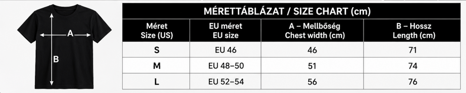 HU: Hawk Tuah pĂłlĂł mĂ©rettĂĄblĂĄzat S, M Ă©s L amerikai mĂ©retekkel, EU mĂ©retĂĄtvĂĄltĂĄssal, mellbĆsĂ©g- Ă©s hosszmĂ©retekkel. EN: Hawk Tuah T-shirt size chart for US sizes S, M and L with EU size conversion, chest width and length measurements.