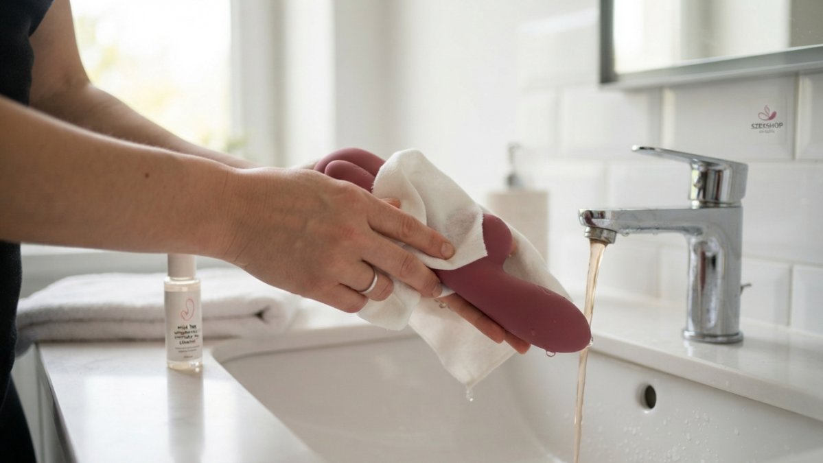 Close-up of hands cleaning a smooth silicone vibrator with a soft cloth and mild soap on a bathroom counter, discreet and hygienic setting